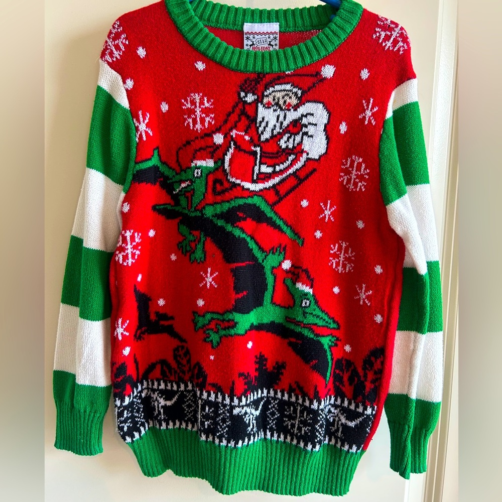 Kids Medium Christmas Sweater Dinosaur Santa in Red Green White Striped